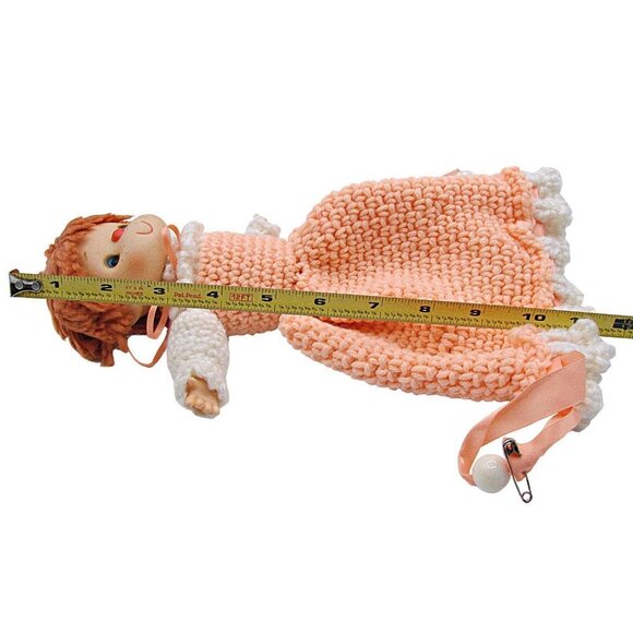 Vintage 1960s Red Hair Peach Dress Bottom Closes Hand Crocheted Bed Pillow Doll - Picture 9 of 12